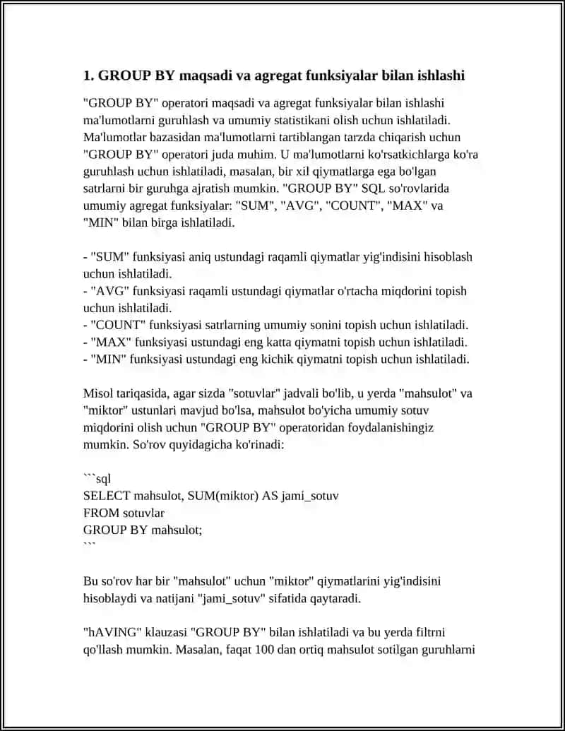 GROUP BY, ORDER BY, HAVING, STANDART SO‘ZLAR, UNION, INTERSECT VA MINUS OPERATORLARIDAN FOYDALANISH 4