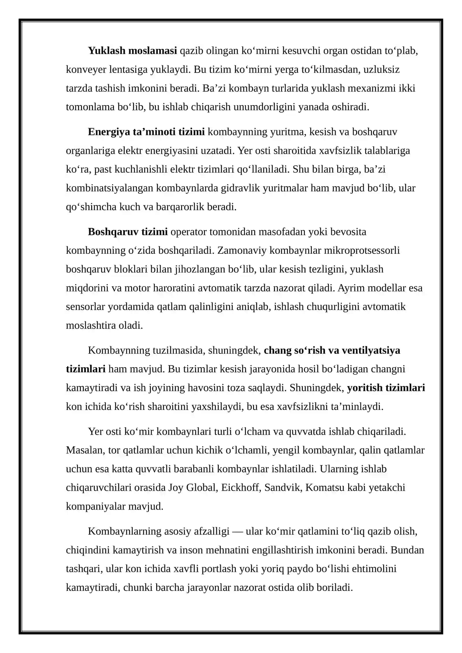 Yer osti ko'mir qazib oluvchi kombaynlari tuzilishi, ishlash prinsipi va ishlatilish ko'lami 4
