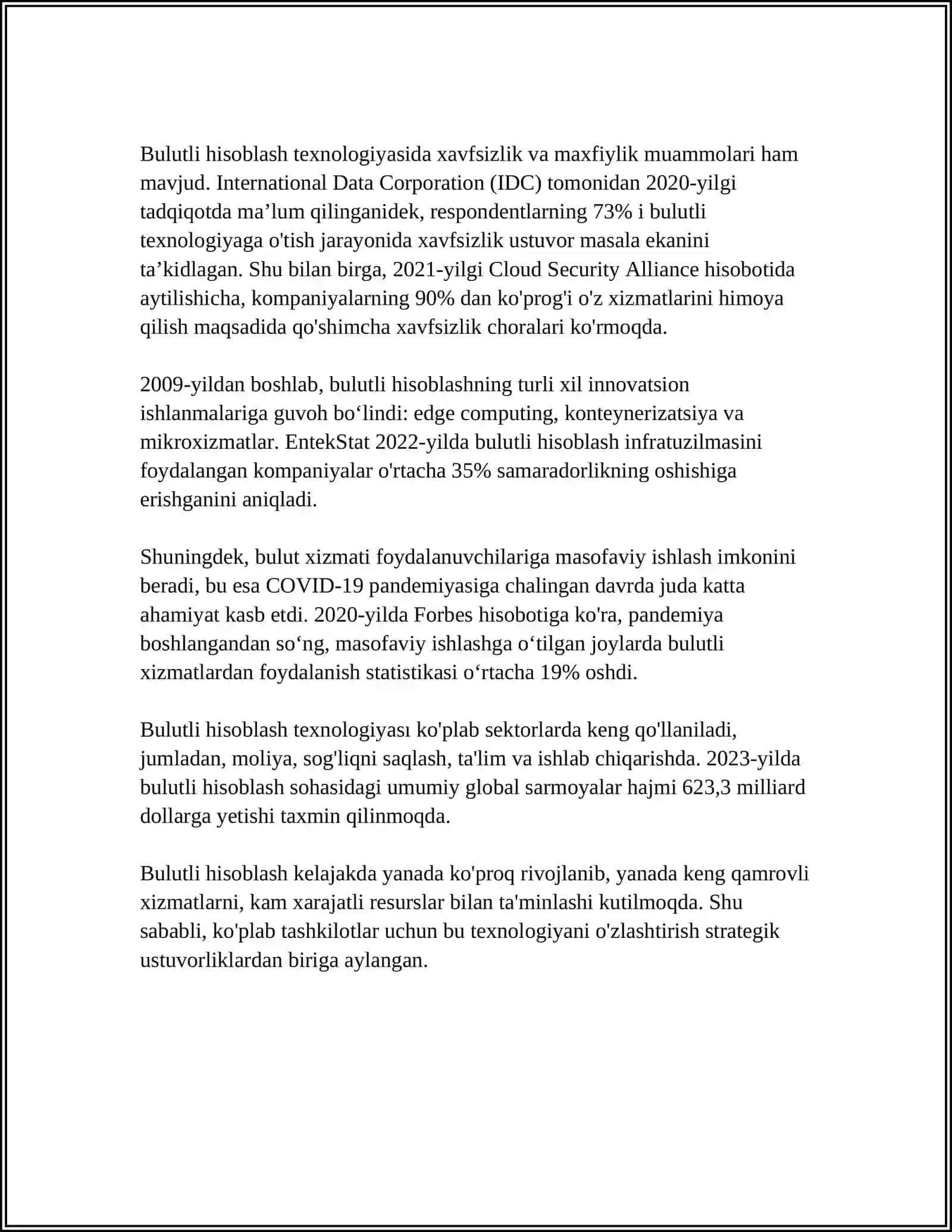 BULUTLI XIZMATLAR VA ULARNING IMKONIYATLARIDAN FOYDALANISHNI OʻRGATADIGAN AMALIY QOʻLLANMA TAYYORLASH 4