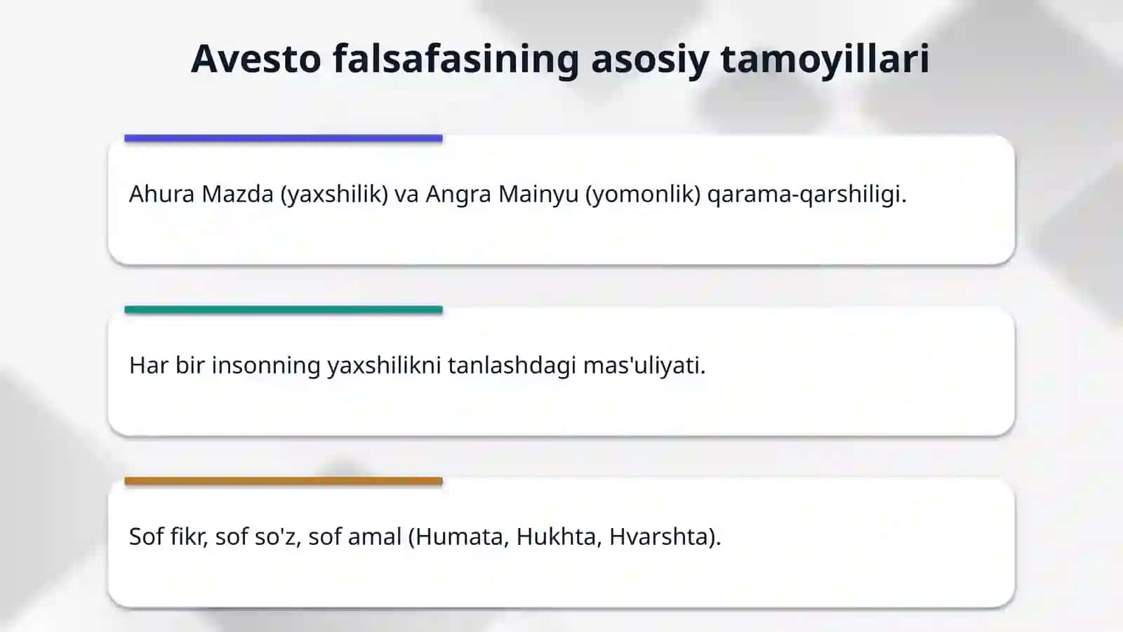 Avesto-xalqimiz diniy, axloqiy, ilmiy, adabiy qarashlarini ifoda etadigan bebaho ma'naviy me'ros 4