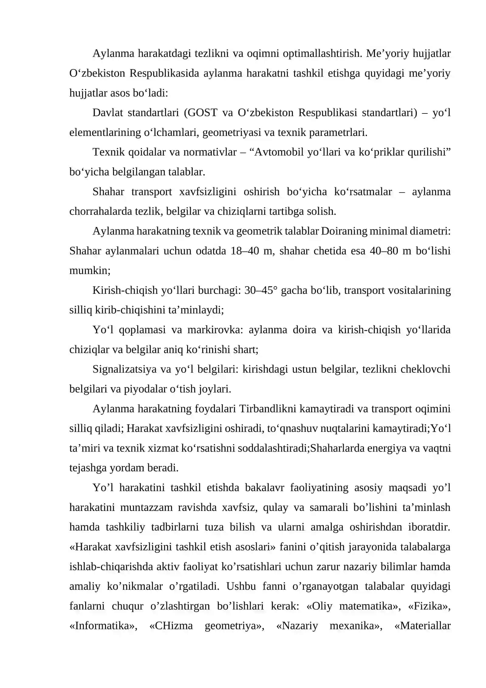 AVTOMOBIL YO‘LLARIDA AYLANMA HARAKATNI TASHKIL ETISHGA QO‘YILGAN ME’YORIY TALABLARNI O‘RGANISH 4