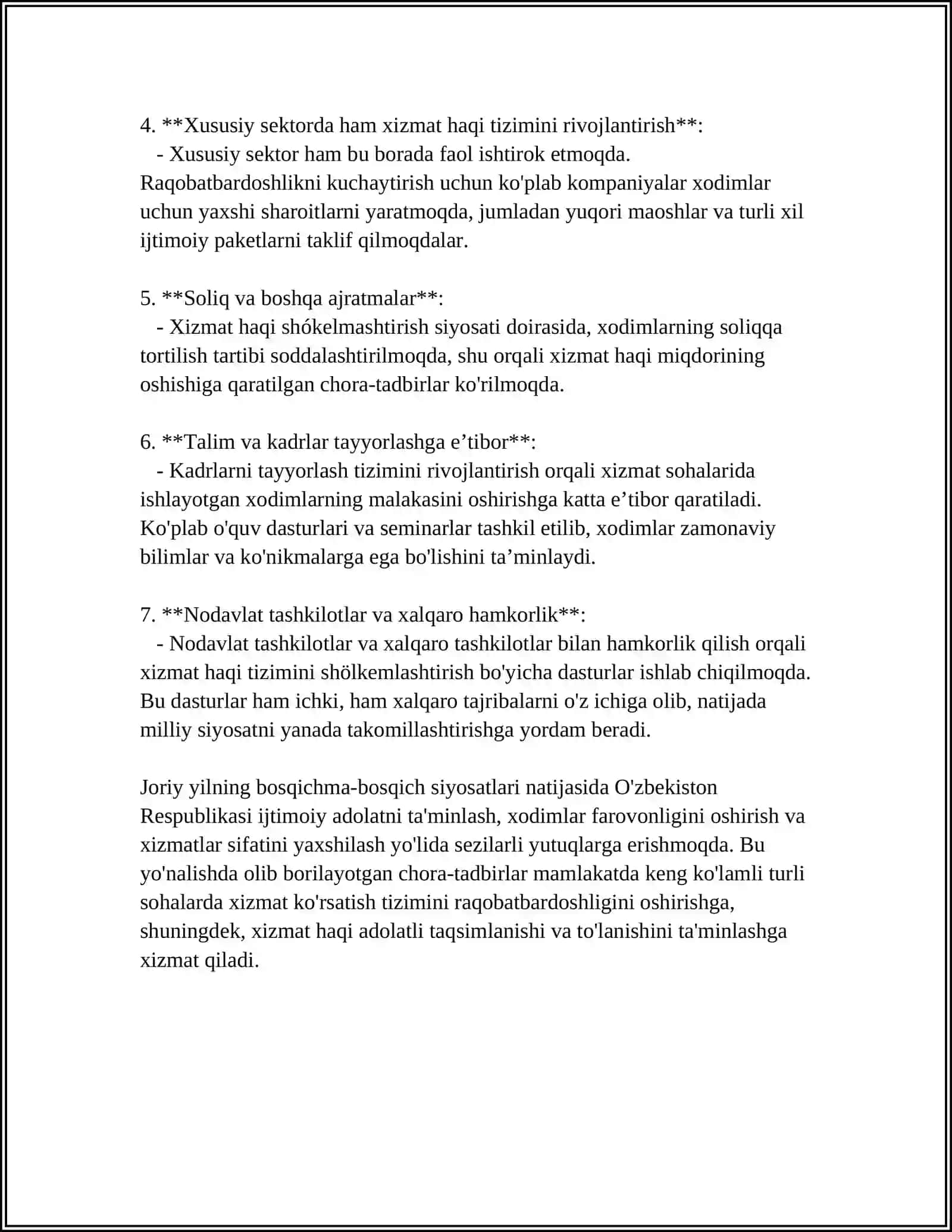 ÓZBEKSTAN RESPUBLIKASÍNDA HÁM DÚNIYA TÁJIRIYBESINDE XÍZMET HAQÍ SHÓLKEMLESTIRIWDIŃ TIYKARĠÍ FORMALARÍ 4