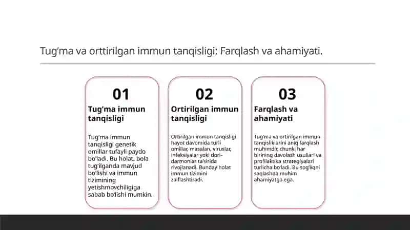 Immun tanqislik holatlari (tugʻma, hayot davomida orttirilgan). Immun profilaktika va immun terapiya asoslari 4