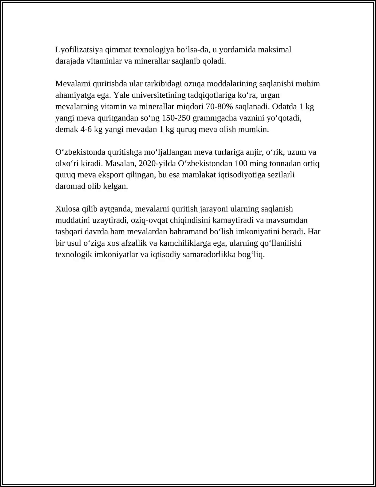 MUSTAQIL ISH Mavzu: MEVA VA SABZAVOTLARNI QURITISH TEXNOLOGIYASI 4