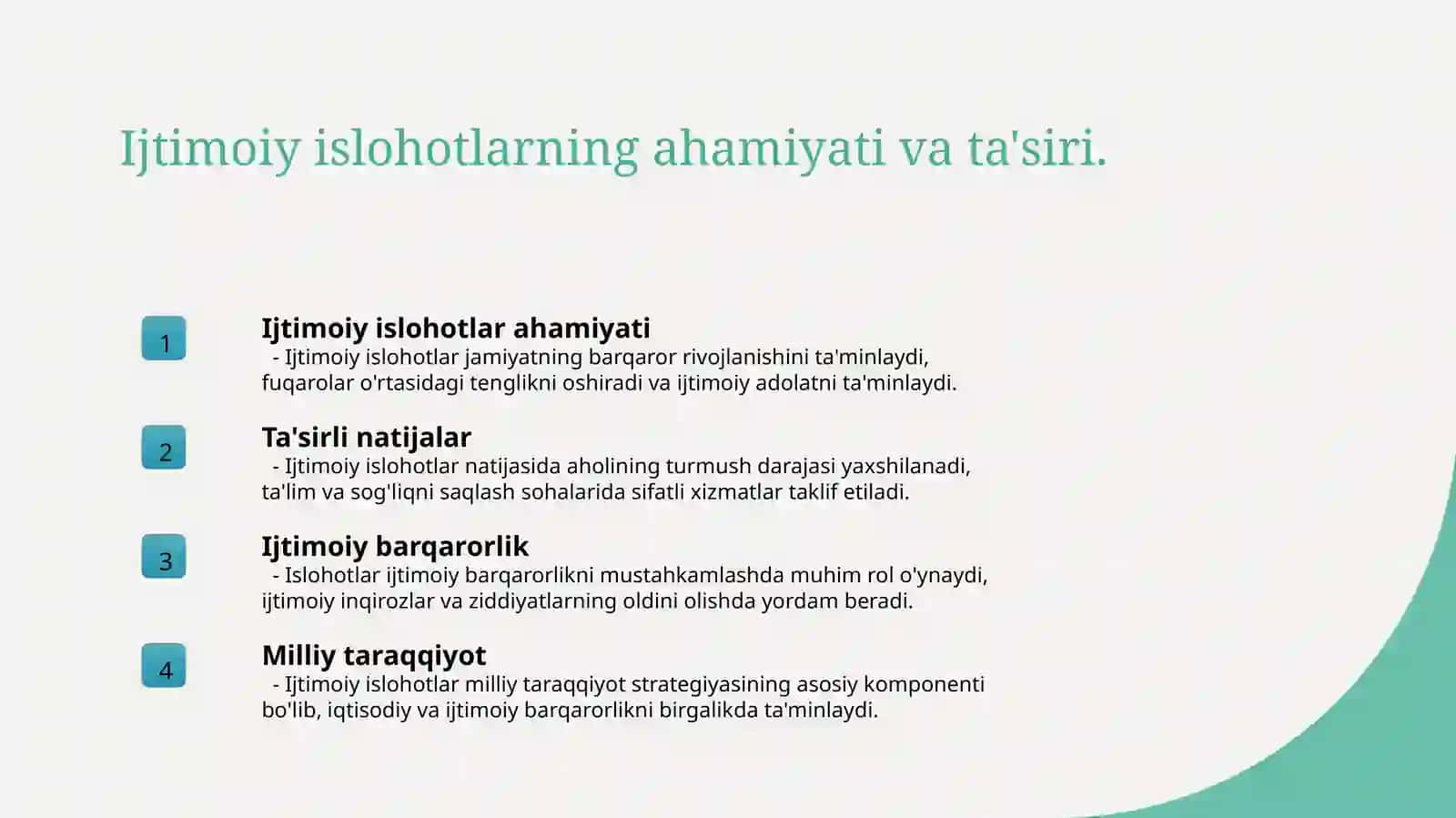 Oʻzbekistonda ijtimoiy sohada amalga oshirilayotgan oʻzgarishlar mazmun va mohiyati 4
