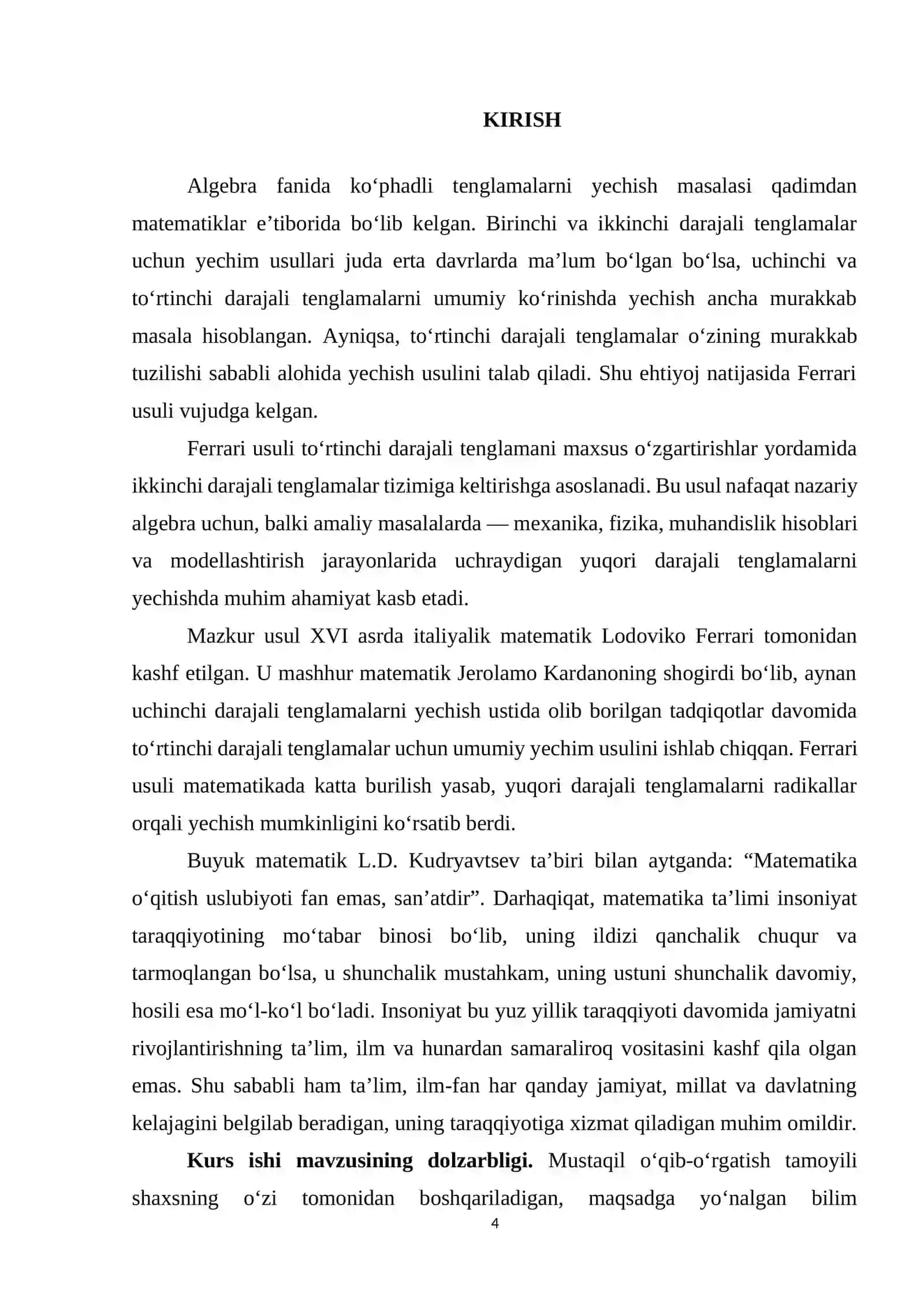 Algebra fanidan "TO‘RTINCHI DARAJALI TENGLAMALARNI YECHISHNING FERRARI USULI" mavzusidagi kurs ishi 4