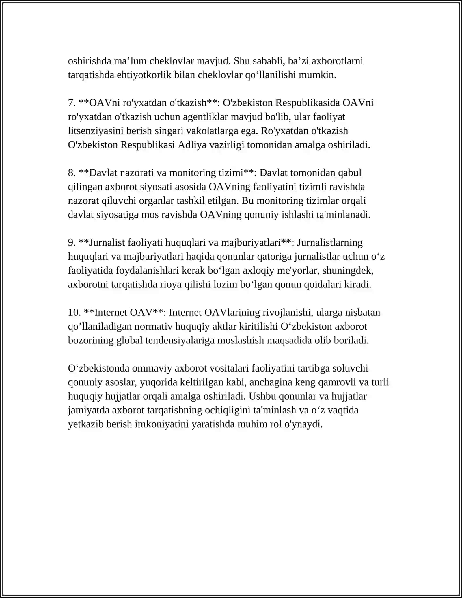 O'ZBEKISTON RESPUBLIKASIDA OMMAVIY AXBOROT VOSITALARINING FAOLIYATI 4