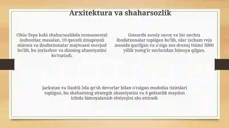 Bronza davri ilk shaharlari (Oltin tepa, Gonur, Jarqoʻton, Dashli va boshqalar) 4