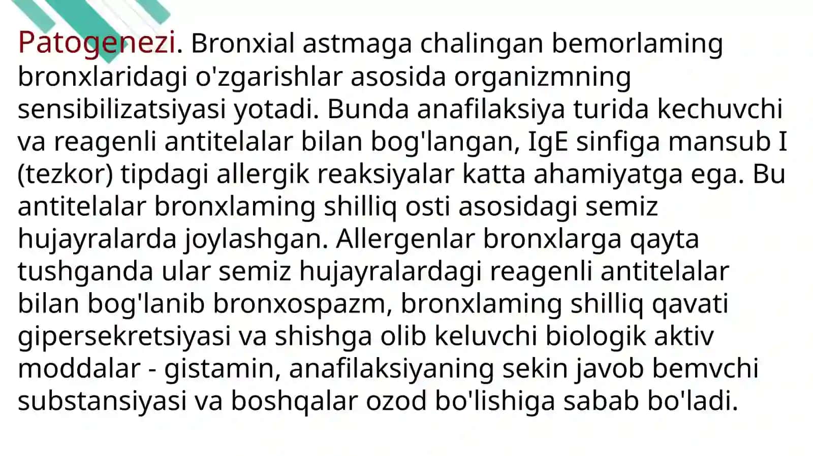 Bronxial astma va oʻpka enfizemasi klinik kechishi. Diagnostika. Asosiy davolash prinsiplari 4