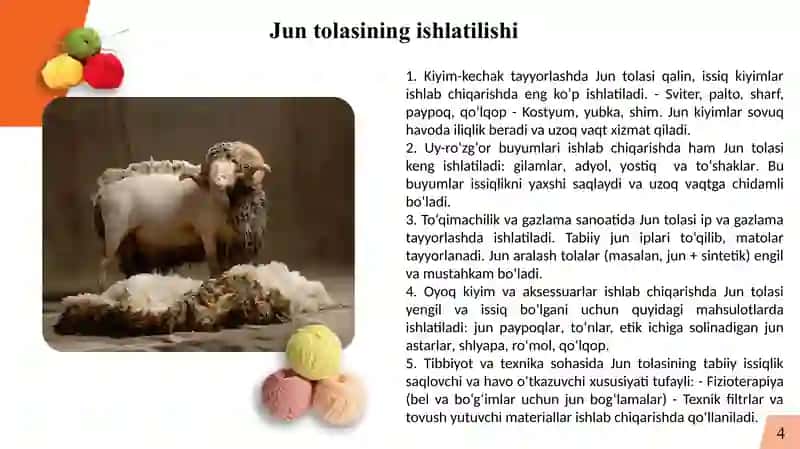 Jun va ipak tolali gazlamalar, ularning olinishi. Jun va ipak tolalarning xossalari 4