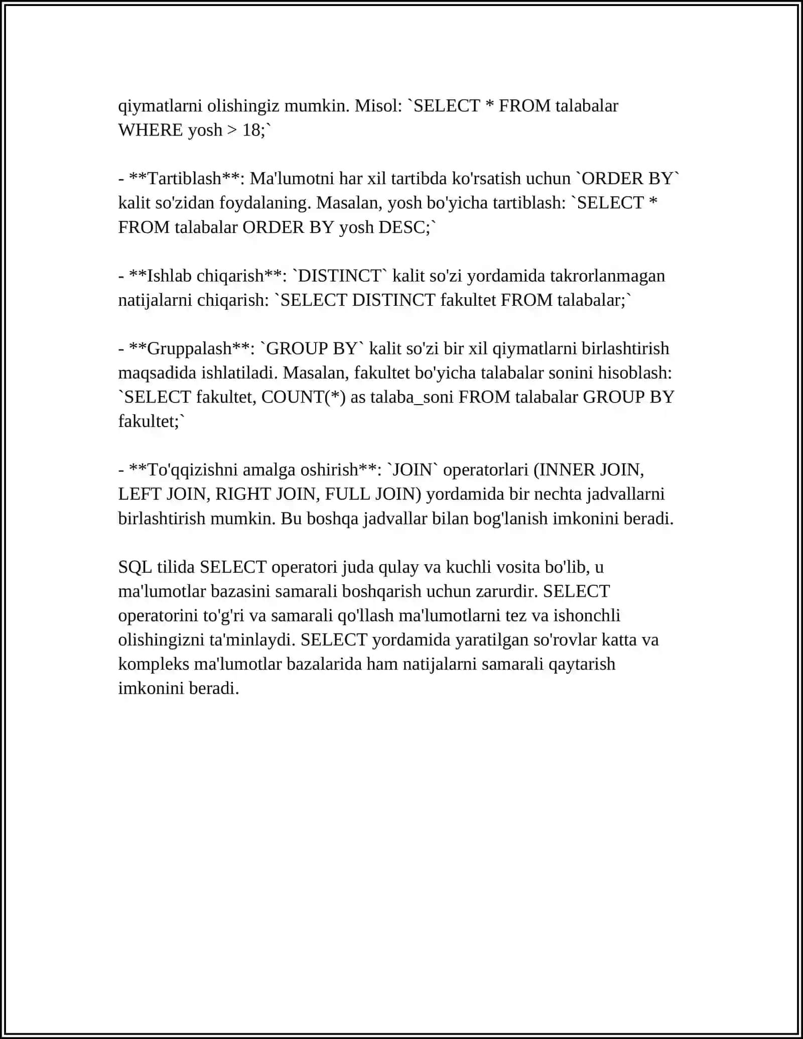 SQL TILIDA STANDART VA AGREGAT FUNKSIYALAR 4