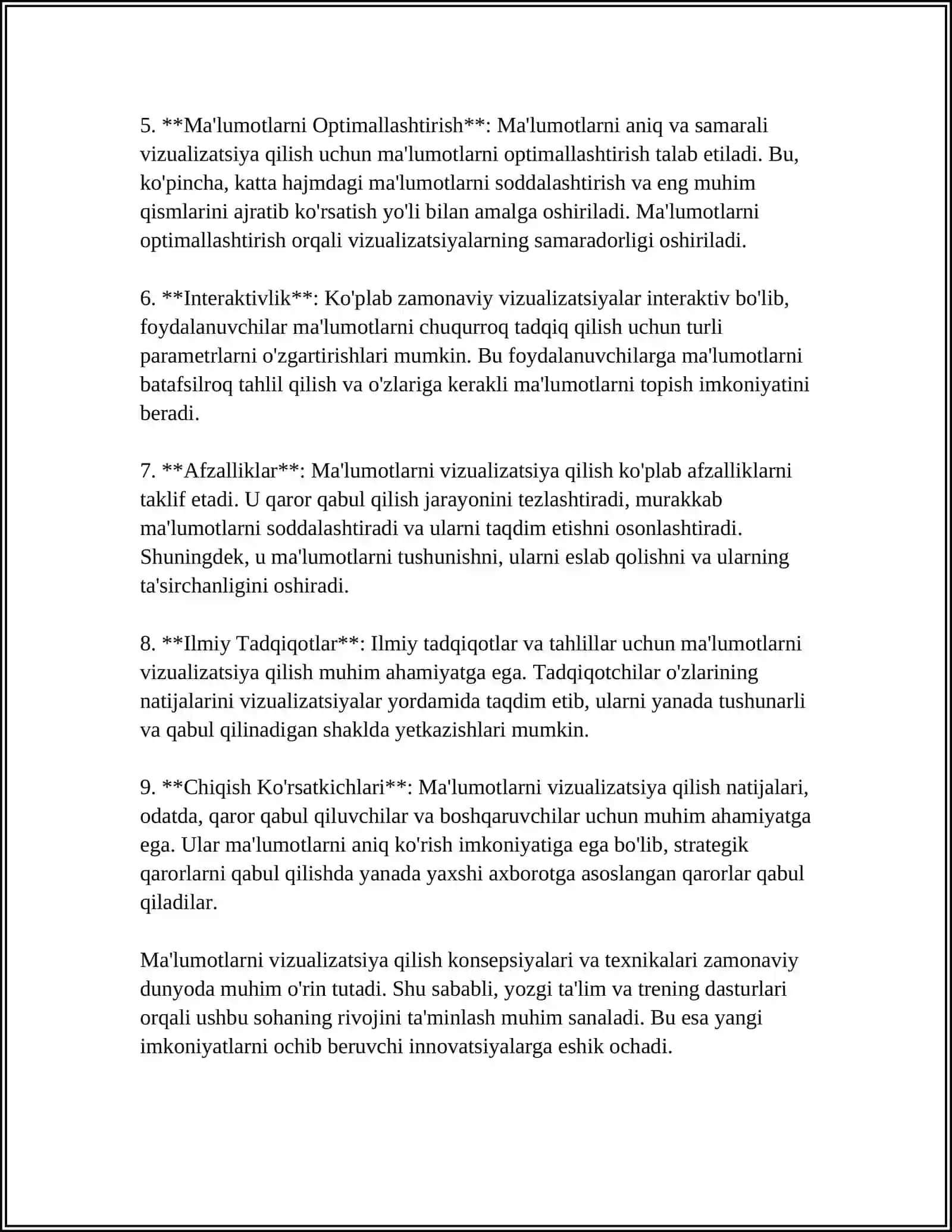 “KATTA MA'LUMOTLARNI QAYTA ISHLASH TEXNOLOGIYALARI VA USULLARI” FANIDAN. MA'LUMOTLARNI VIZUALIZATSIYA QILISH MAVZUSI 4