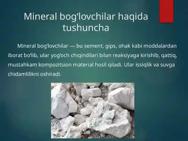 Yog‘och chiqindilari va mineral bog‘lovchilar asosida olinadigan materiallar 4