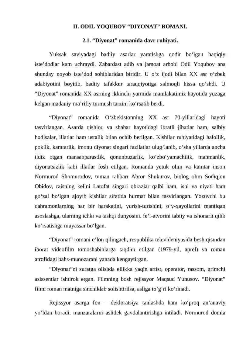 "DIYONAT" ROMANIDA ZAMON VA QAHRAMON RUHIYATI TASVIRI 4