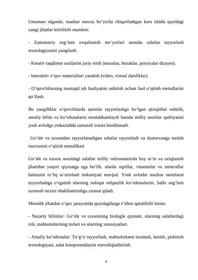 O‘quvchilarga «Go‘sht va tuxumdan tayyorlanadigan salatlar, ularni tayyorlash va dasturxonga tortish» mavzusini o‘qitish metodikasi 4
