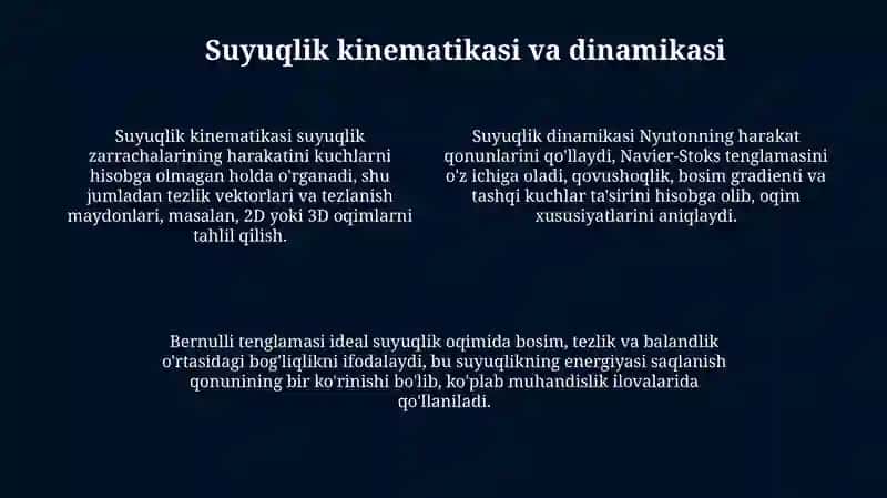 Gidromexanika va gidorstatik suyuqlik harakati va muozanat tenglamasi 4