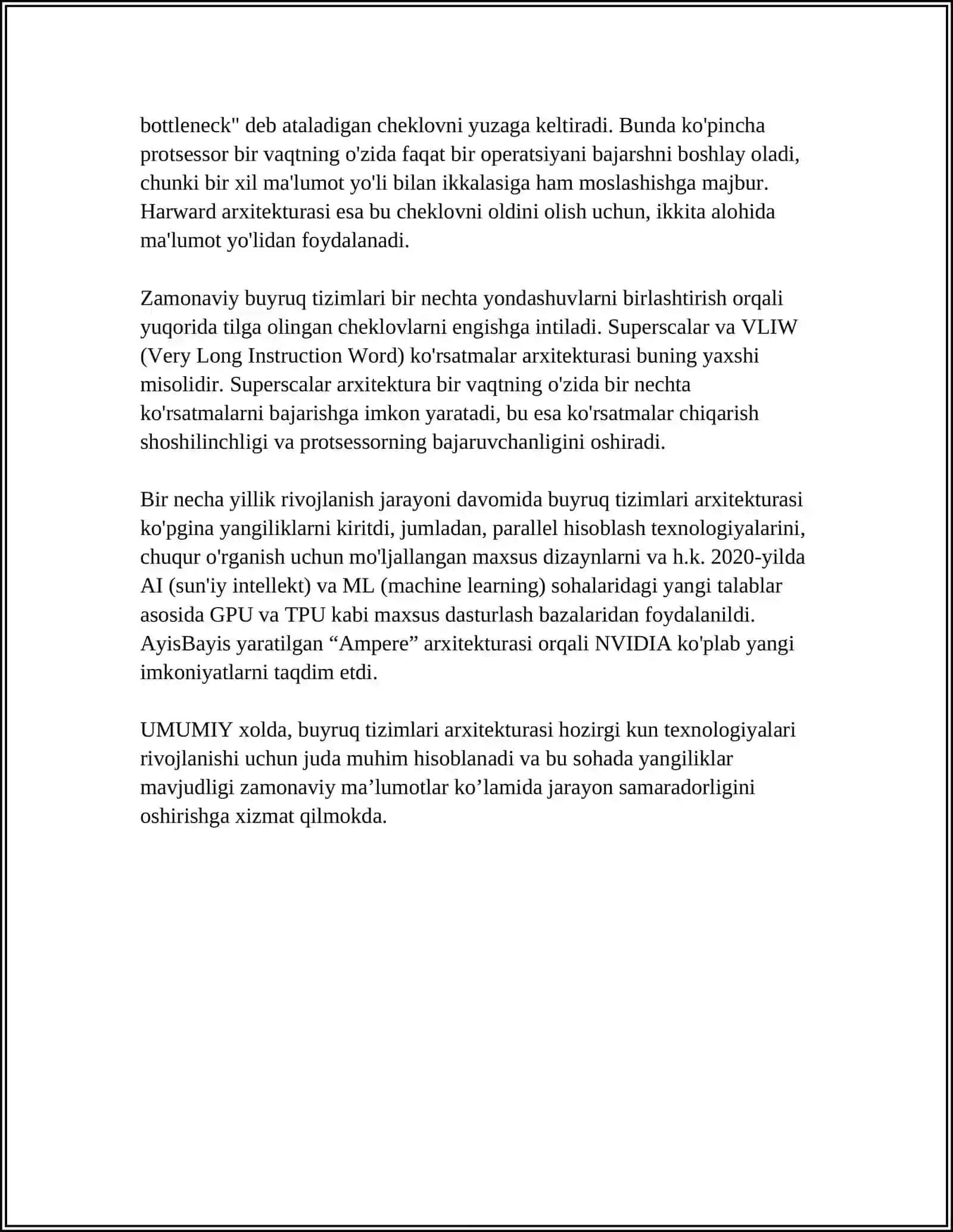 BUYRUQLAR TIZIMI ARXITEKTURALARI; ZAMONAVIY SHINALAMING XUSUSIYATLARI; XOTIRA TURLARI VA XUSUSIYATLARI; ASSEMBLER TILIDA DASTURLASHNING IMKONIYATLARI; TASHQI QURILMALARNING O‘ZARO MA’LUMOT ALMASHINISH JARAYONLARI; INTEL VA AMD PROTSESSORLARI 4
