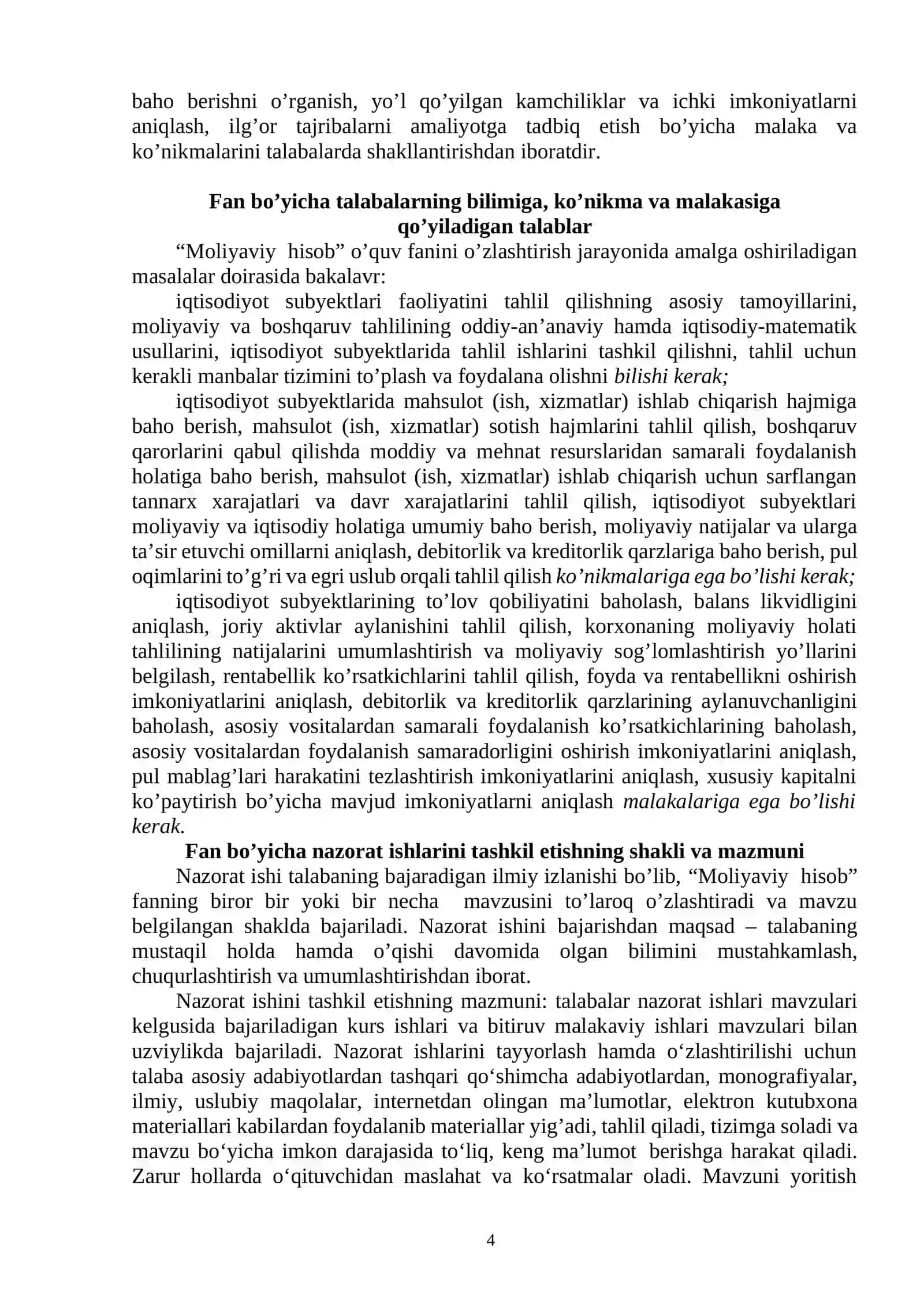 MOLIYAVIY HISOB FANIDAN NAZORAT ISHLARINI bajarish bo`yicha USLUBIY KO’RSATMA 4