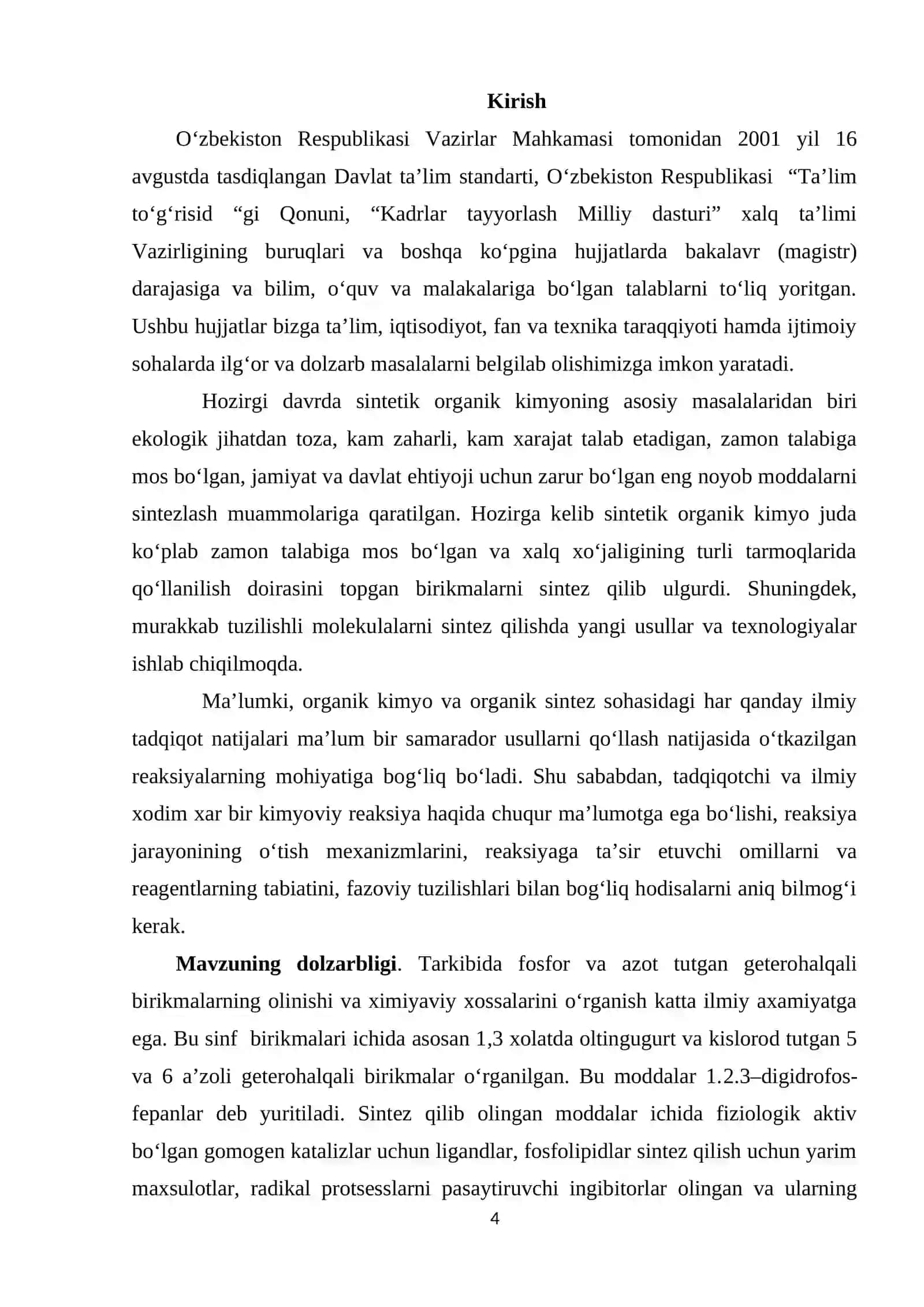 2-Xlor-4,7-dibenzo-1,2,3-diazofosfepanni olish va xossalarini o‘rganish 4