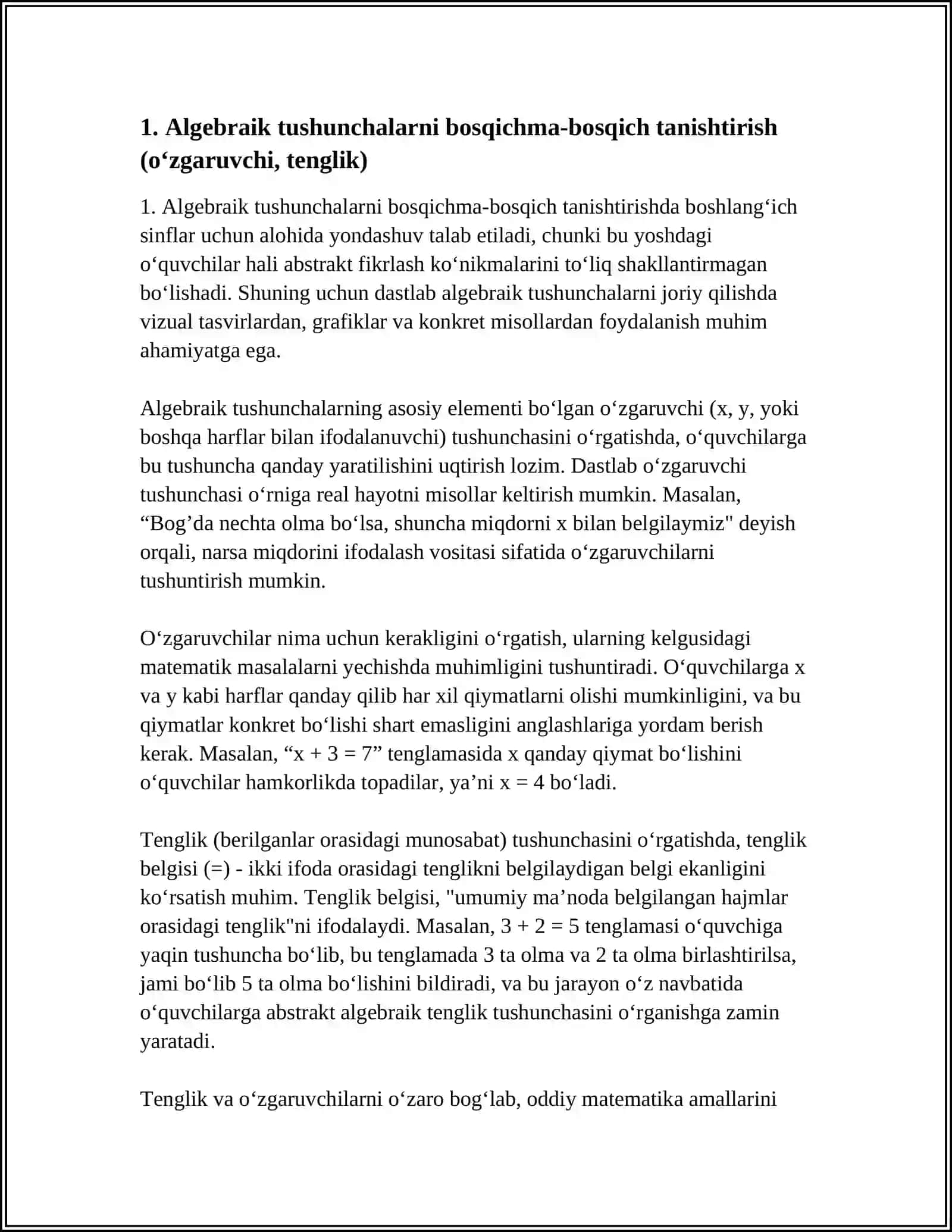 BOSHLANG‘ICH SINFLARDA ALGEBRAIK ELEMENTLARINI O'RGATISHGA DOIR MASALALAR YECHISH 4