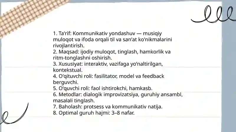 Musiqa mashgʻulotlarida qoʻllaniladigan usul va uslublar 4
