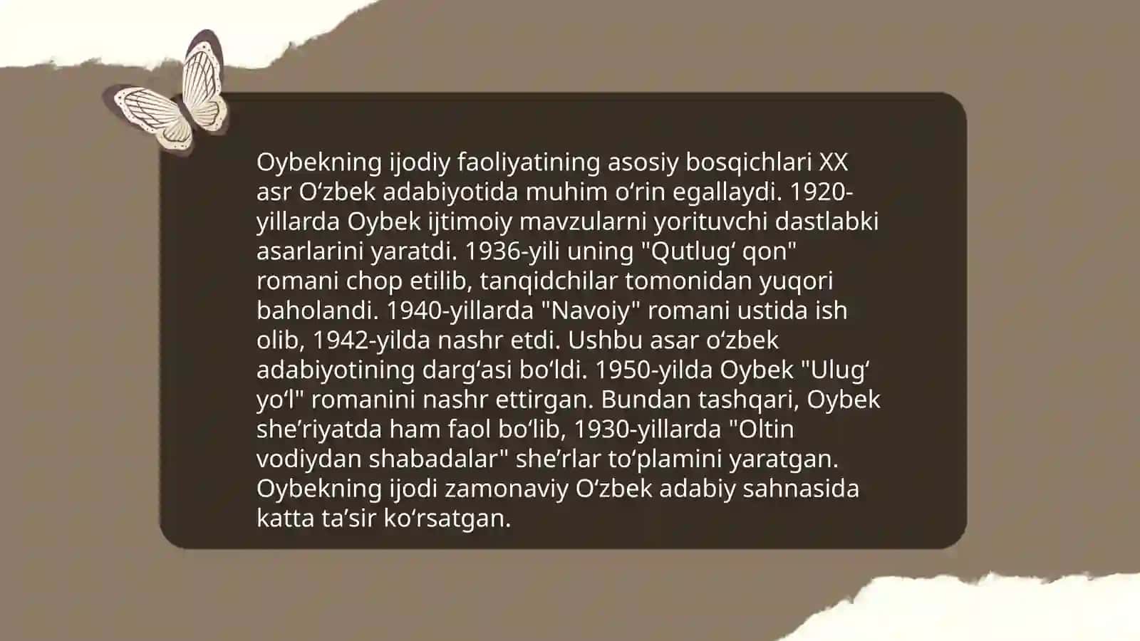 Oybek hayoti va ijodi. ''Na‘matak '',''O'zbekiston '' she'rlari 4