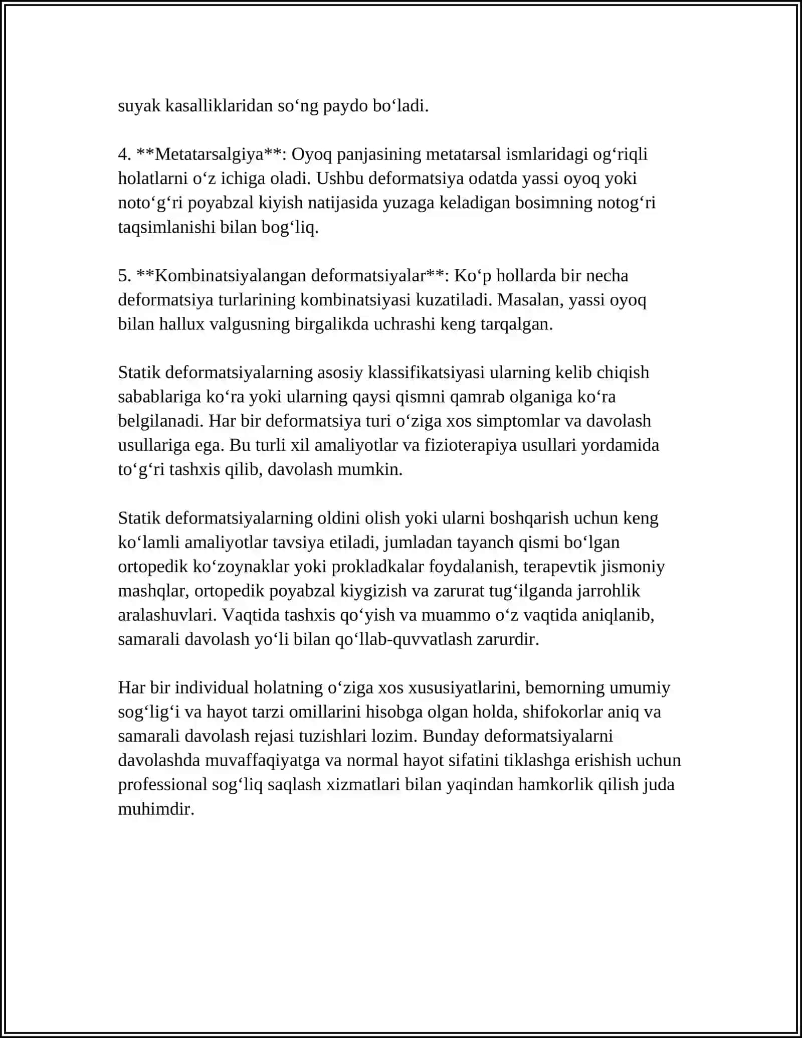 SUYAK VA BOGIM TIZIMLI KASALLIKLARI. OYOQ PANJASINING STATIK DEFORMATSIYASI 4