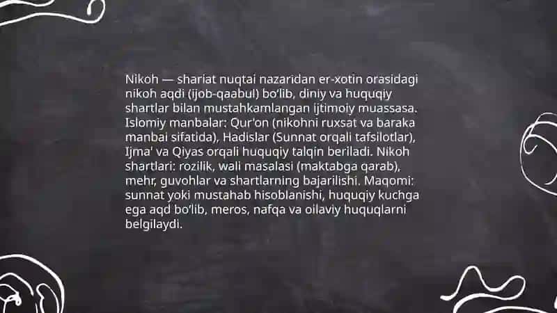 Islom huquqshunosligida oila,nikoh,taloq,idda,zihor tushunchalarini ta’riflash va taqdimot tayorlash 4