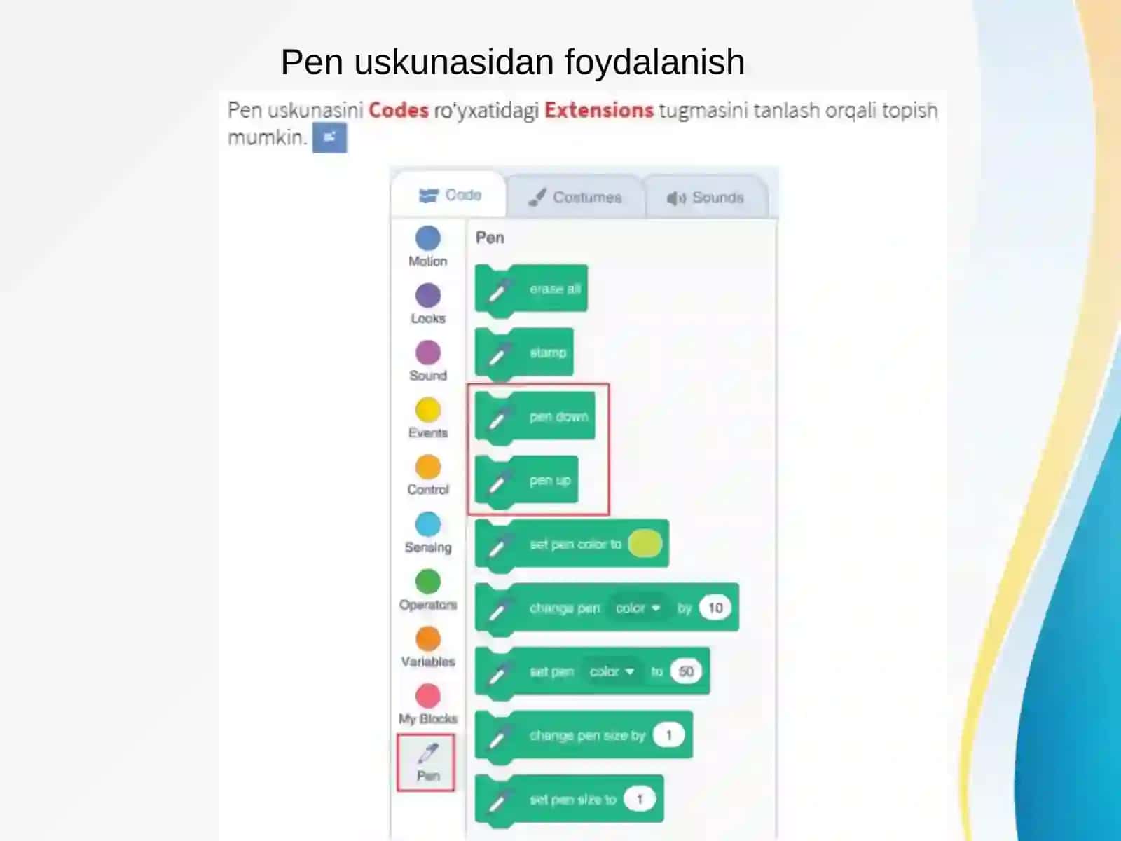 Scratch dasturida PEN uskunasidan foydalanish 4