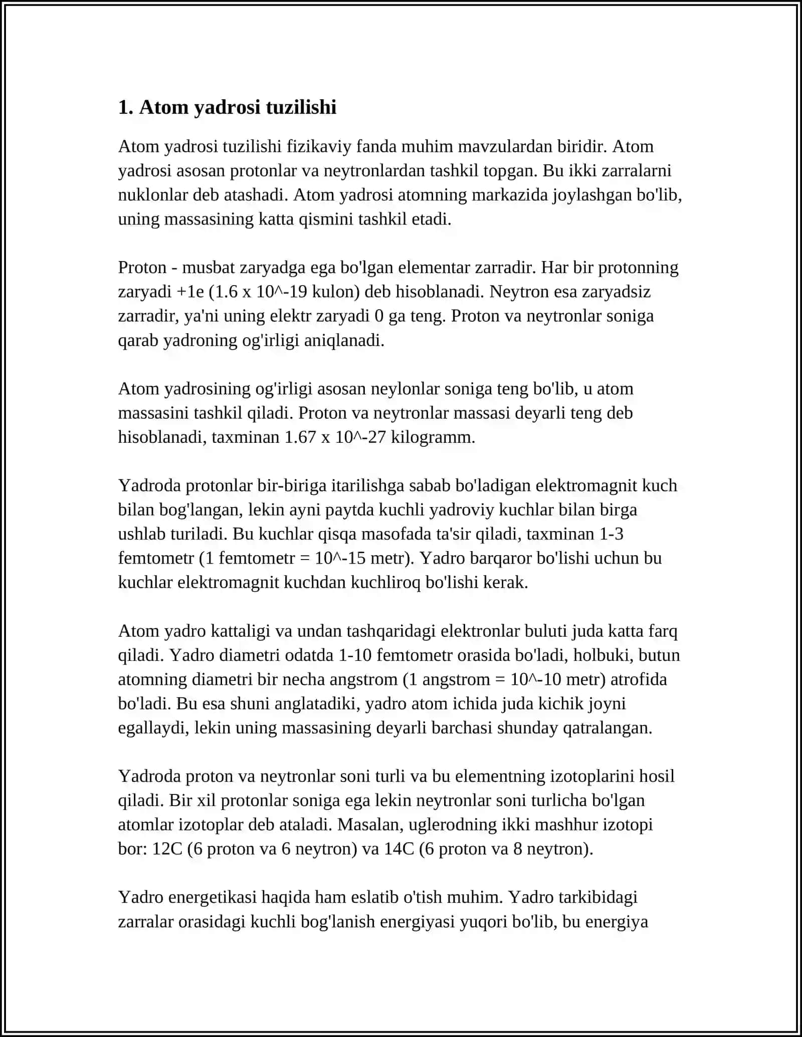 ATOM YADROSI. ATOM YADROSINING TUZILISHI. MASSA DEFEKTI VA YADRO BOGLANISH ENERGIYASI. YADROLARNING BOLINISHI, ZANJIR REAKSIYALAR 4