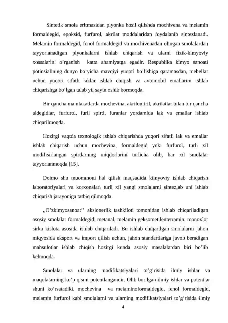 Mochevina-furfurol smolasini olinishi va fizik-kimyoviy xossalari 4