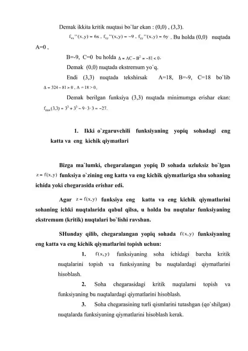 Ikki o'zgaruvchi funksiyaning xususiy xossalari va ekstremlari 4