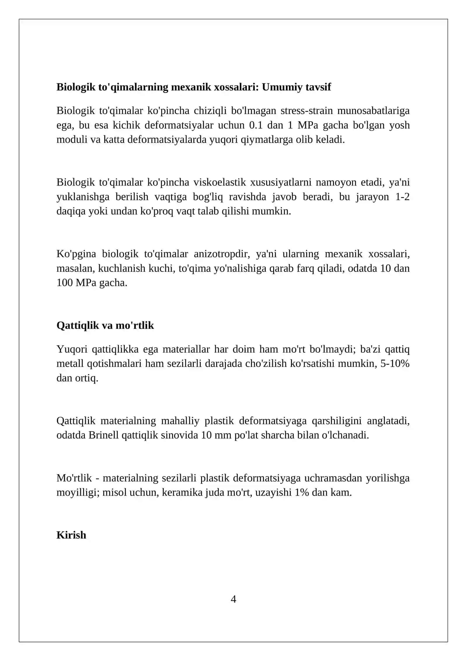 MUSTAQIL ISH Mavzu: Qattiq jismlarning va biologik toqimalarning ularning mexanik xossalari 4