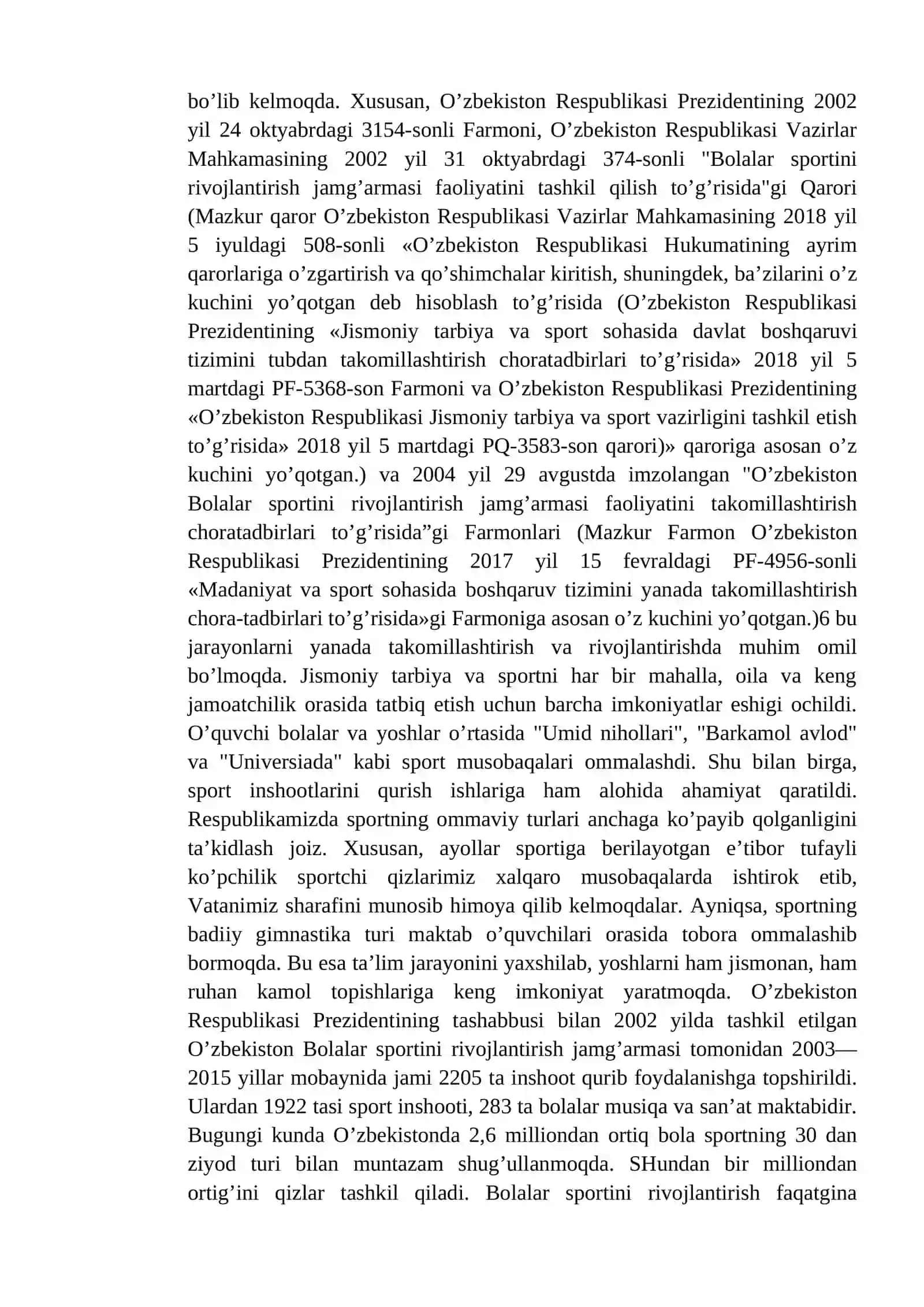 O‘zbekiston Respublikasi hukumatining jismoniy madaniyat va sport bo‘yicha qabul qilgan hujjatlarining ahamiyati 4
