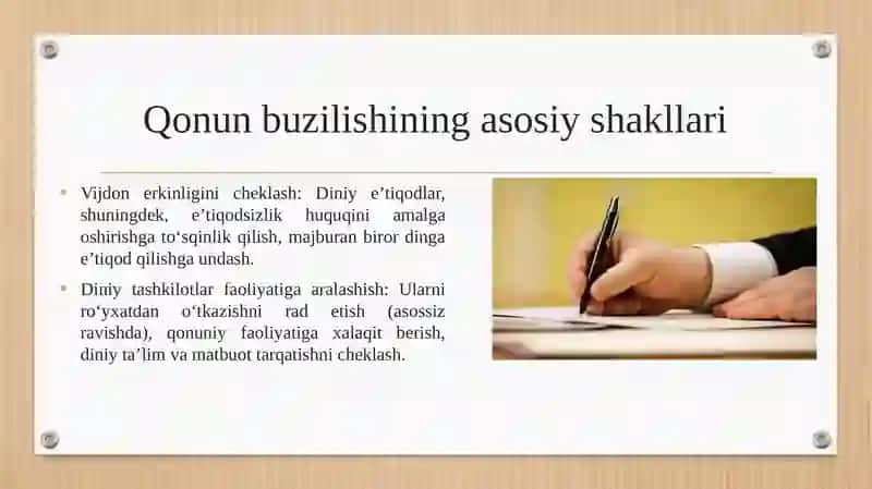 Vijdon erkinligi va diniy tashkilotlar toʻgʻrisidagi qonun hujjatlarini buzish 4