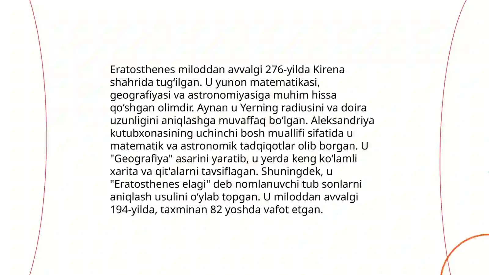 Yevklid va Eratosfen hayoti va ijodi haqida ma'lumot 4