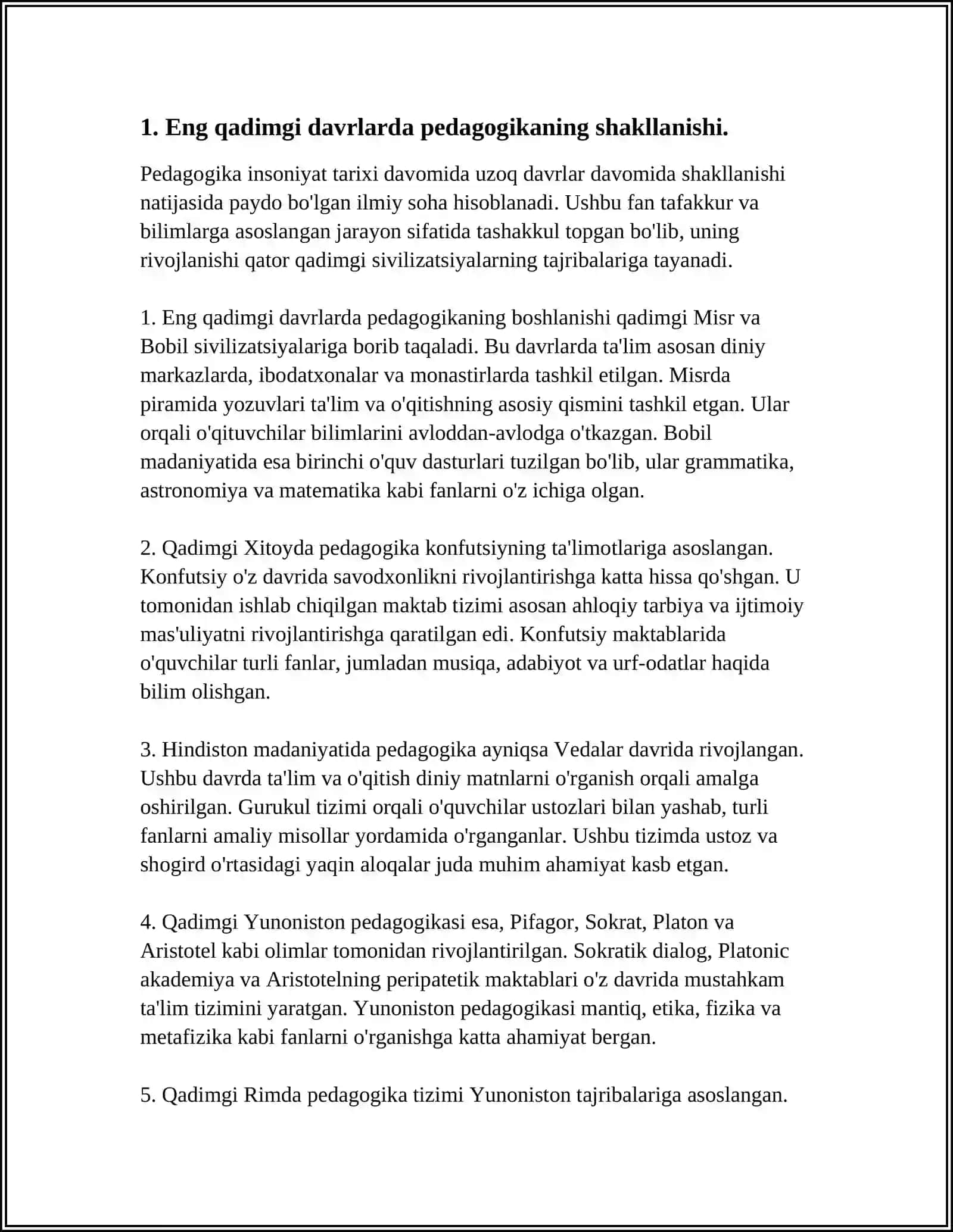 ENG QADIMGI DAVRLARDAN 19 ASRNING BIRINCHI YARMIDA JAHON PEDAGOGIKA FANINING RIVOJLANISH TARIXI.YA.A.KOMENSKIYNING PEDAGOGIK NAZARIYASI 12ASRDA ROSSIYADA PEDAGOGIK ADABIYOTLARNNG NASHR ETILISHI.RUS PEDAGOG OLIMLARNING PEDAGOGIK G’OYALARI 4