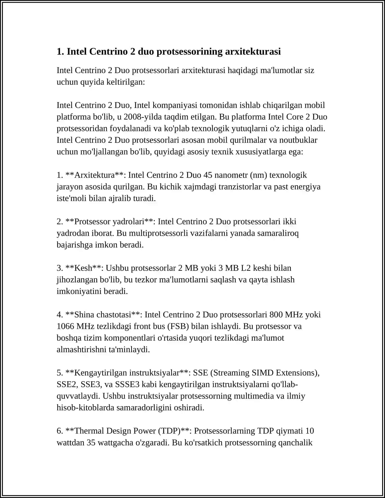 CENTRINO 2 DUO PROTSESSORINING XUSUSIYATLARI VA TARKIBIY FUKTSIONAL TASHKIL ETILISHI MAVZUSIDA MUSTAQIL ISHI 4