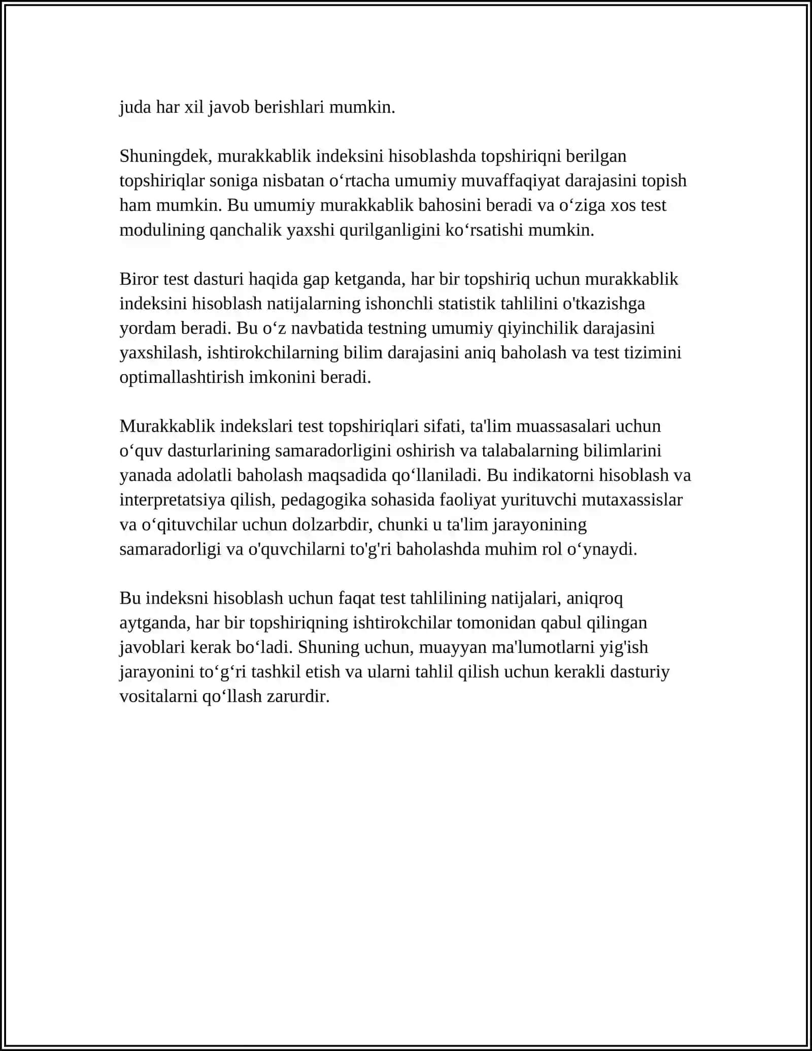 TEST TOPSHIRIQLARINING MURAKKABLIK INDEKSI(EFFEKTIVLIK)VA DISKRIMINATIVLIGI 4