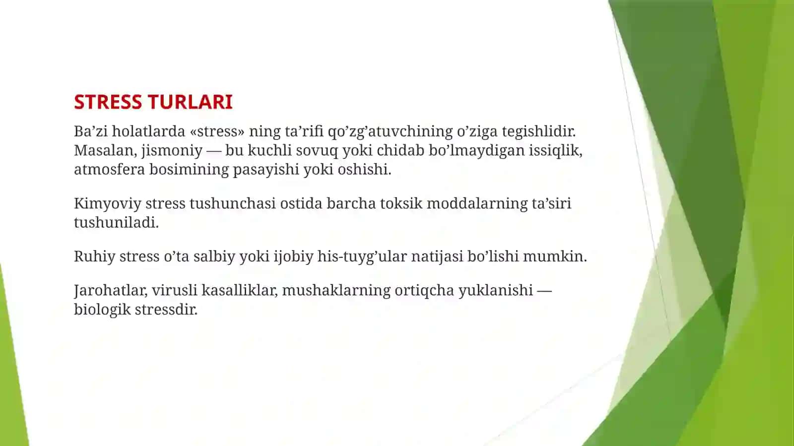 STRESS — ALOMATLARI, TURLARI, SABABLARI, DAVOLASH VA OLDINI OLISH 4