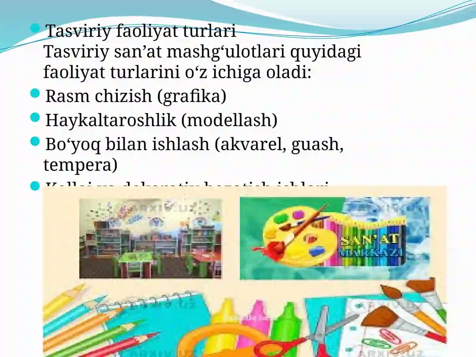 TASVIRIY FAOLIYAT MASHG’ULOTLARIDA FOYDALANILADIGAN O’QUV JIHOZLARI 4
