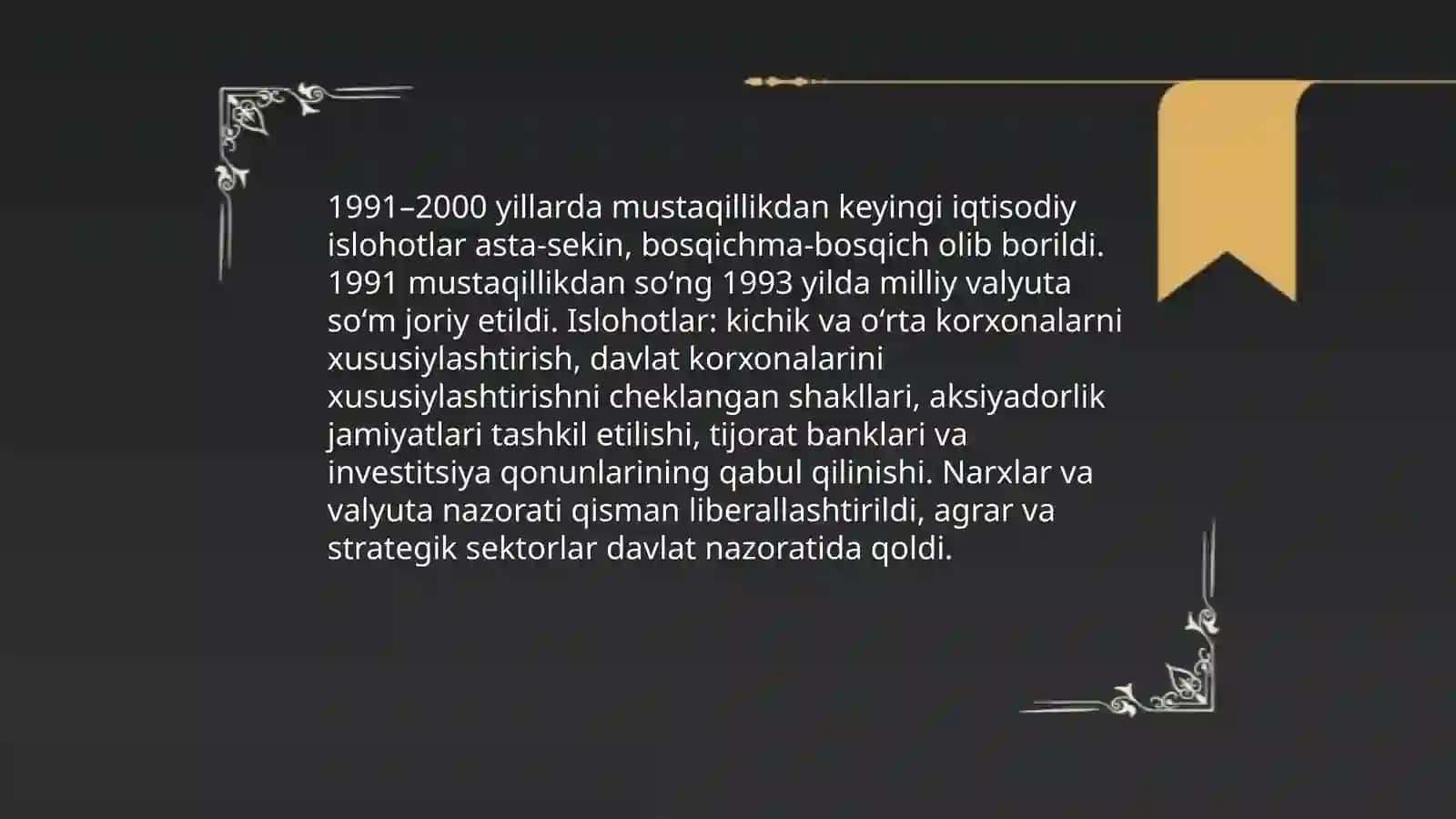Iqtisodiy islohotlar. Xususiy mulkchilikning shallanishi. Oʻzbekistonda bozor iqtisodiyotining rivojlanishi 4