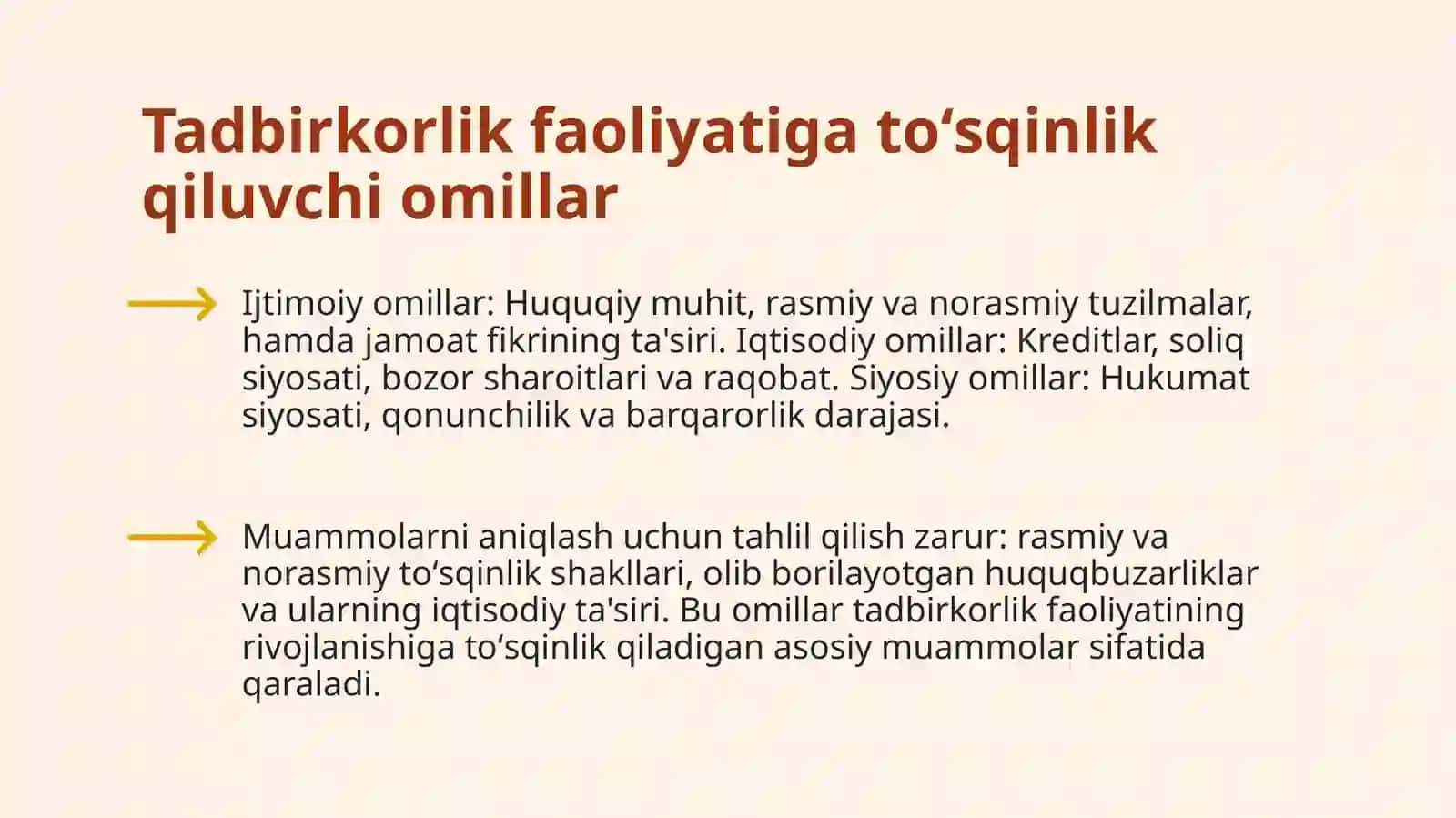 Tadbirkorlik faoliyatiga toʻsqinlik qilganlik,qonunga xilof ravishda aralashganlik hamda xoʻjalik yurituvchi subʼektlarning huquqlari va qonunning manfatlariga tajavuz qiladigan boshqa huquqbuzarliklar uchun maʼmuriy javobgarlik. 4