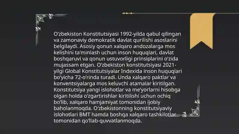 YANGI TARIXDAGI O'ZBEKISTON RESPUBLIKASI KONSTITUTSUYASINING UMUXALQ TOMONIDAN QABUL QILINISHI (2023-YIL 30 APREL) VA UNING MAZMUNI 4