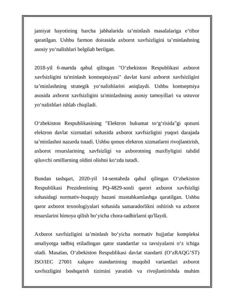 AXBOROT XAVFSIZLIGINI TA’MINLASH QONUNCHILIGI. AXBOROTLASHTIRISH SOHASIDA ICHKI VA TASHQI TAHDIDLAR 4