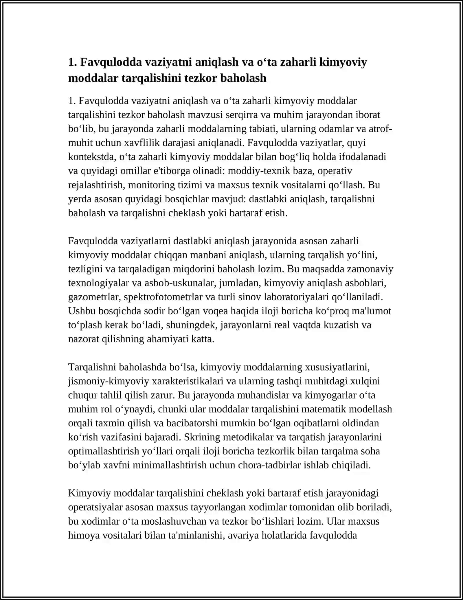 OʻTA ZAHARLI KIMYOVIY MODDALARNI ISHLAB CHIQARISHDA VA SAQLASHDA SODIR BOʻLGAN AVARIYALARNI BARTARAF QILISHDA QUTQARUVCHILARNING HARAKATI 4