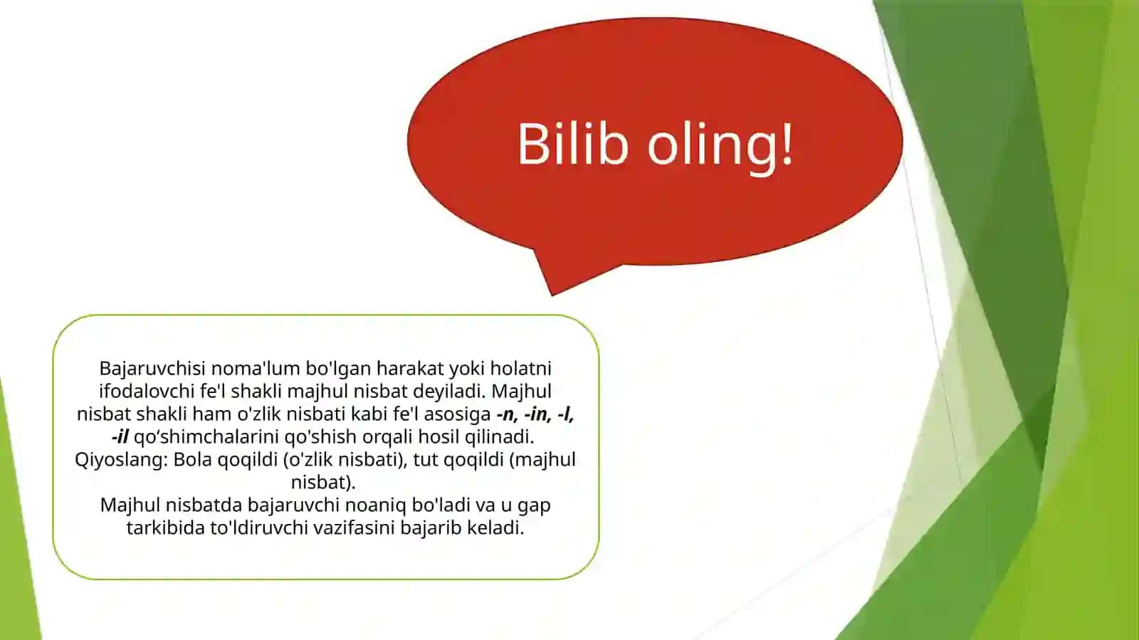8-sinf O'zbek tili dars ishlanma. Fe'lning o'zlik va majhul nisbati, ularning yasalishi va qo'llanishi 4