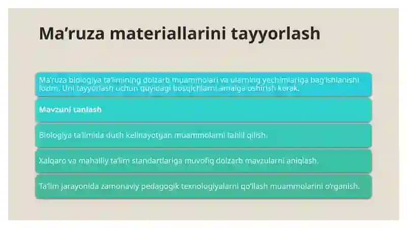 Biologiya o’qitish metodikasining muammolariga bag’ishlangan anjumanlar uchun ma’ruza va taqdimot materiallari  tayyorlash. Taqdimot 4