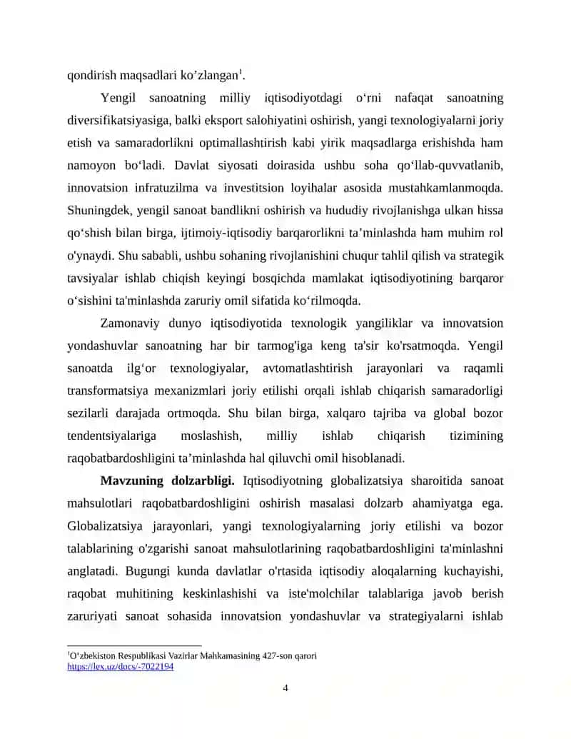 IQTISODIYOTNING GLOBALLASHUVI SHAROITIDA SANOAT MAHSULOTLARI RAQOBATBARDOSHLIGINI OSHIRISH YO‘LLAR 4
