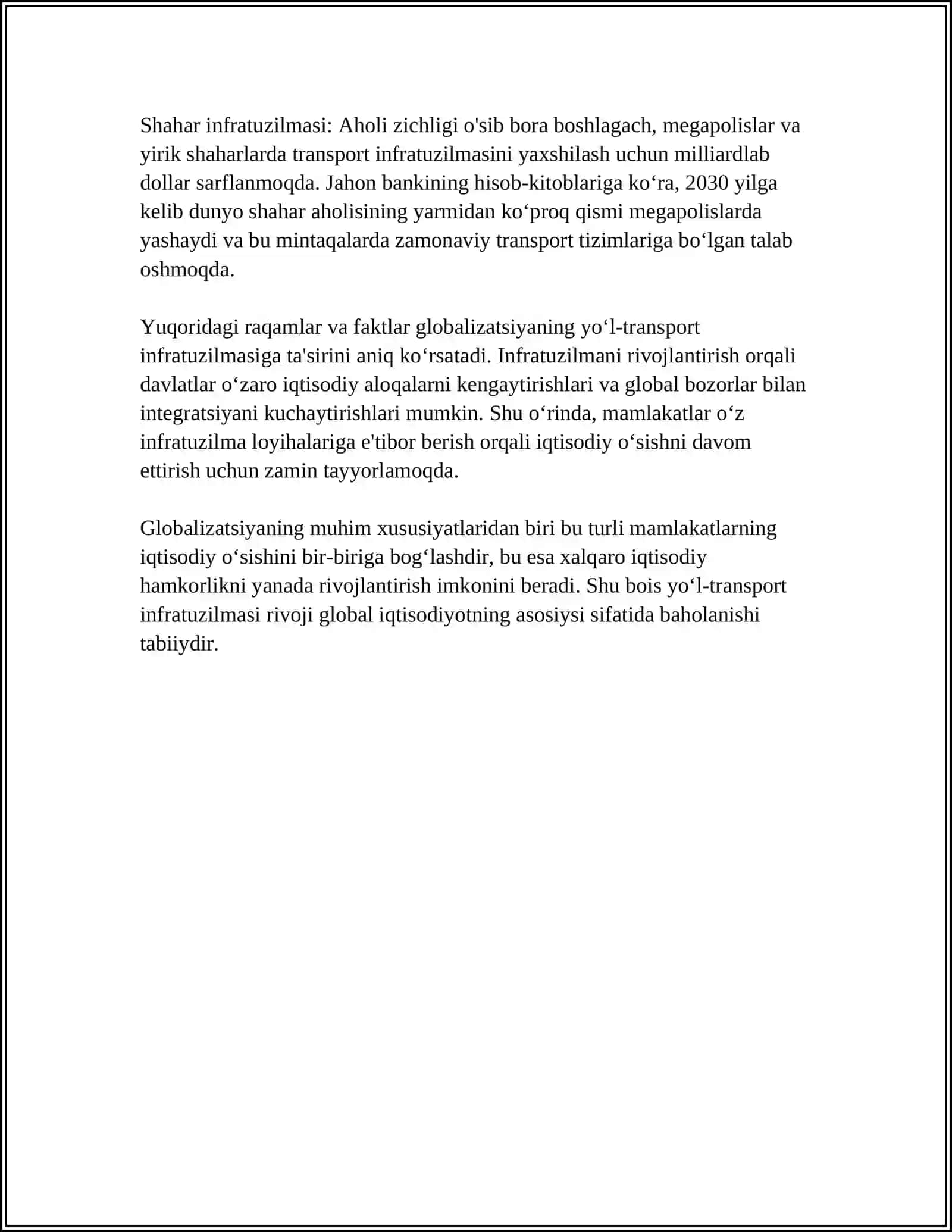 GLOBALLASHUV JAROYONLARINING YO‘L – TRANSPORT SOHASIGA TA’SIRI 4